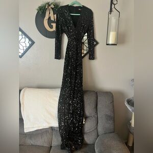 Black Sequin Long Sleeve Dress w/ Open Back